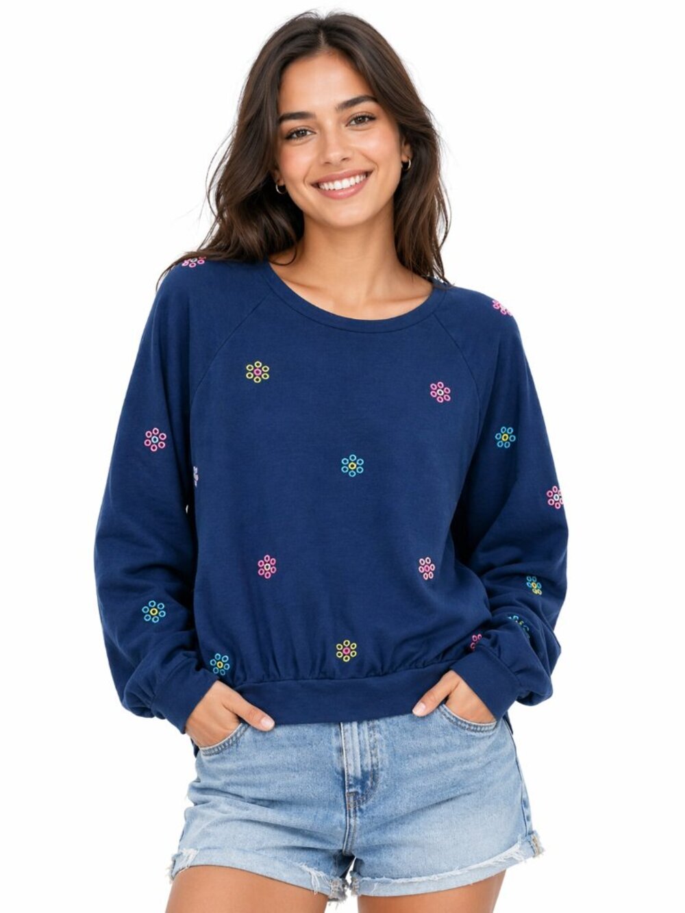 Lilly Pulitzer Landyn Embroidered Floral Ditsy Daisy Top Blue Medium Raglan NEW